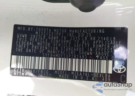 2025 Toyota Corolla Le из США, поврежденный, VIN 5YFB4MDE5SP282493